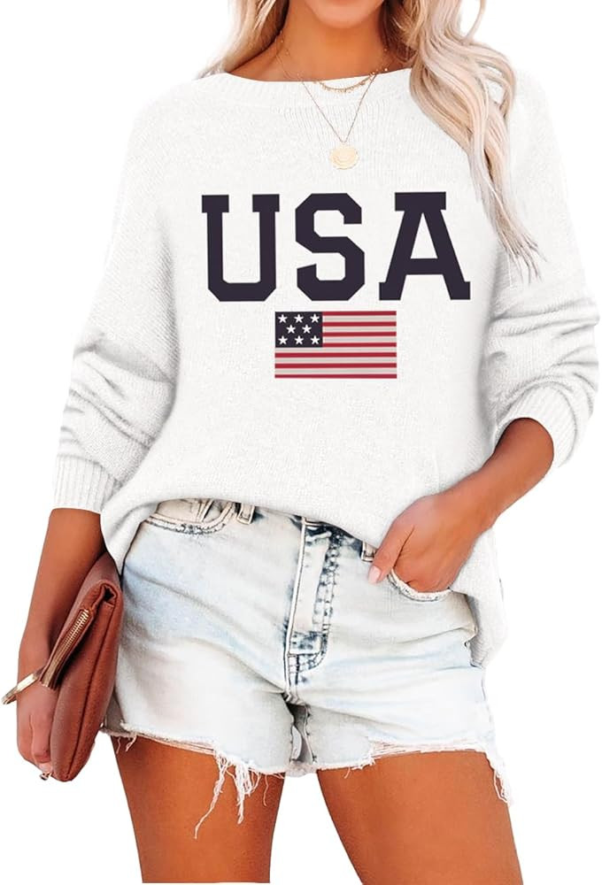 Lacozy American Flag Sweater for Women Long Sleeve Knit USA Graphic Tops Crewneck Loose Fit 4th o... | Amazon (US)