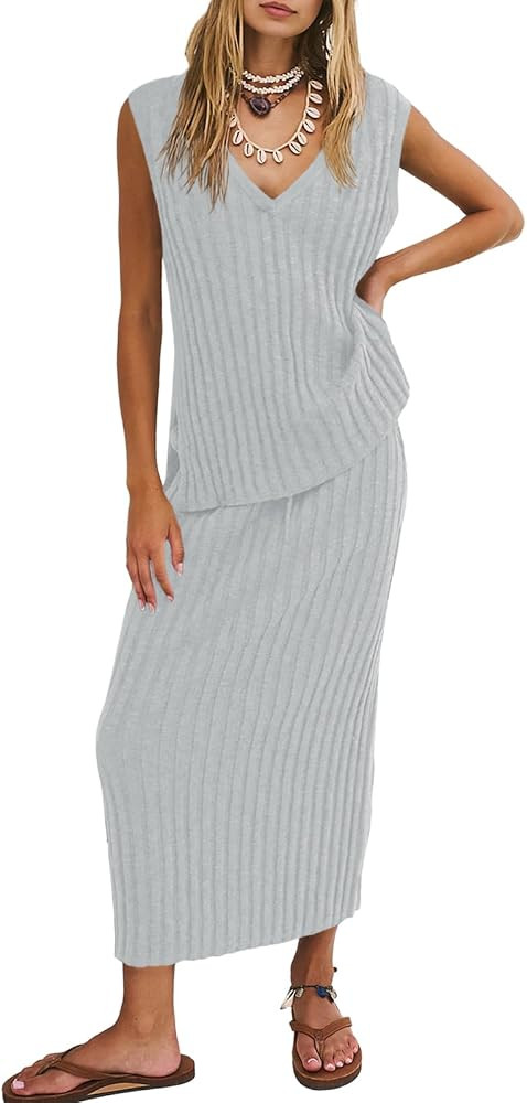 Wenrine Womens 2 Piece Sweater Sets Tank Tops Knitted Ribbed V Neck Sleeveless Casual Midi Skirt ... | Amazon (US)