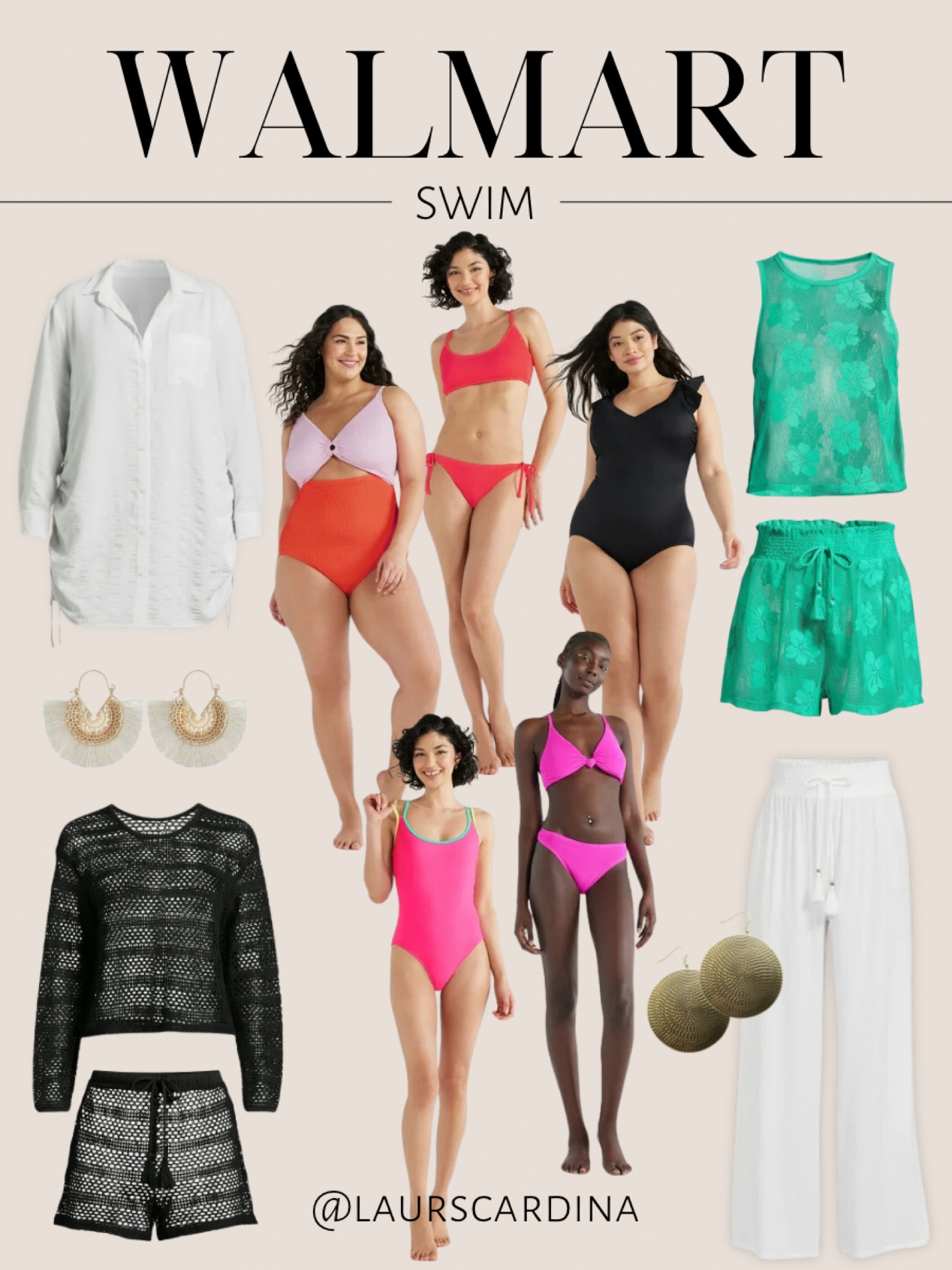 Walmart Erin picks include two piece bathing suits, one piece bathing suits, tops and shorts sets, wide leg pants, a white button up blouse cover up, and earrings. 

Ootd, Walmart fashion, resort wear, vacation outfit, spring break, swimwear, beach outfit 

#LTKswim #LTKstyletip #LTKfindsunder50