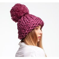 Chunky Knit Beanie Hat With Giant Pom - Large Winter Knitted Wool Oversized For Women | Etsy (US)