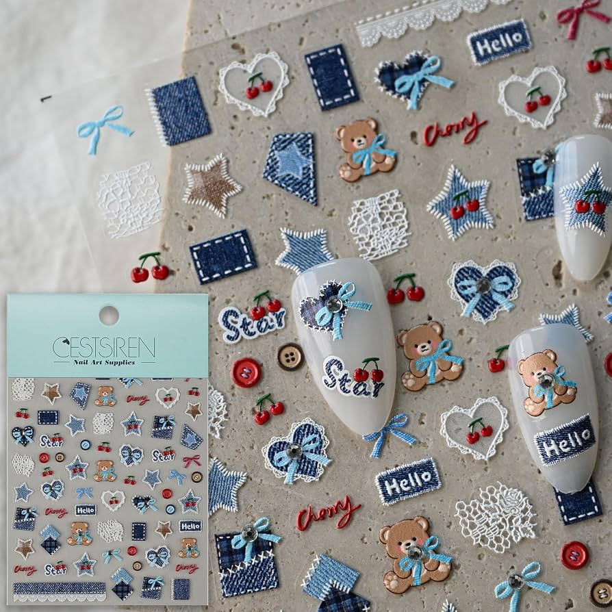 Denim Star Nail Art Stickers,Bear Cherry Nail Decals, Self-Adhesive, Nail Accessories & Supplies,... | Amazon (US)