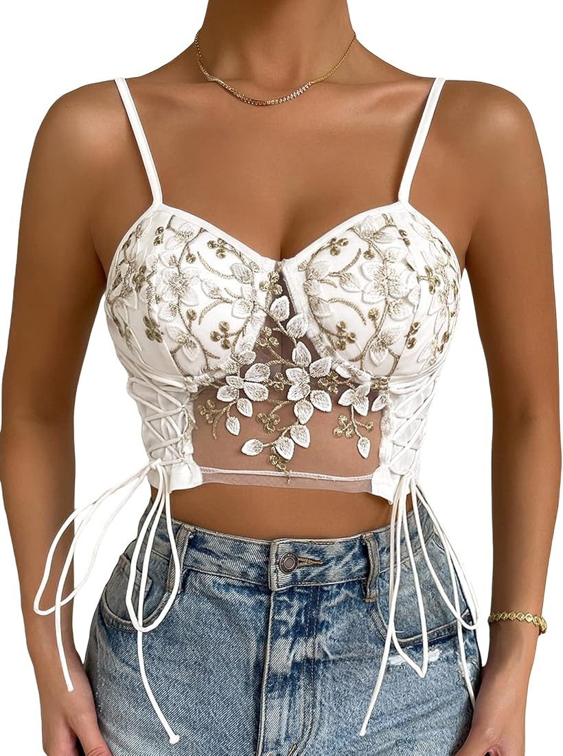 Verdusa Women's Lace Up Floral Embroidery Sleeveless Mesh Crop Cami Top Bustier | Amazon (US)