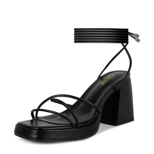 ISNOM Black Platform Heels - Chunky, Strappy, Lace Up, Block Heels with Tie Up & Wrap Up Options - Square Toe, Stripper Style | Amazon (US)