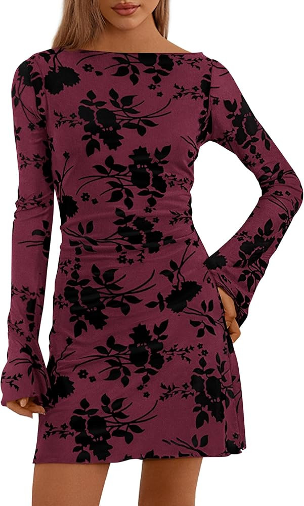 PRETTYGARDEN Women's 2026 Fall Fashion Floral Long Sleeve Mini Dress Mesh Bodycon Short Party Dat... | Amazon (US)