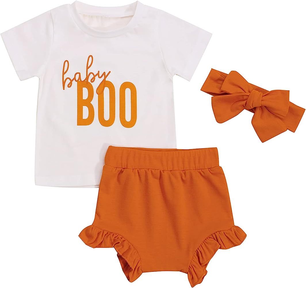 3Pcs/Set Baby Girl Halloween Outfit, Boo Print T-Shirt Tops Ruffle Shorts Headband Clothes | Amazon (US)