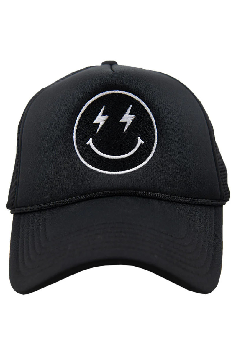 Black Lightning Happy Face Foam Trucker Hat Black | Katydid.com