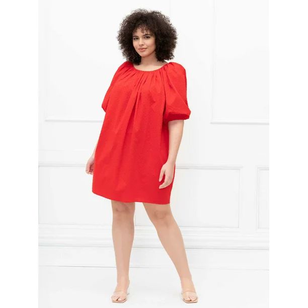 ELOQUII Elements Women's Plus Size Tie-Back Puff Sleeve Dress | Walmart (US)