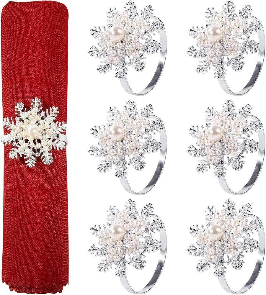 Christmas Napkin Rings- Set of 6 Snowflake with Pearl Napkin Holder Rings Silver Xmas Napkin Buck... | Amazon (US)