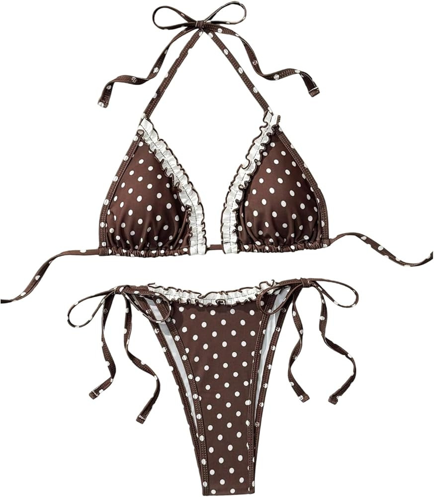 MakeMeChic Women's Polka Dots Triangle Bikini Sets Halter Tie Side Thong Bathing Suit | Amazon (US)