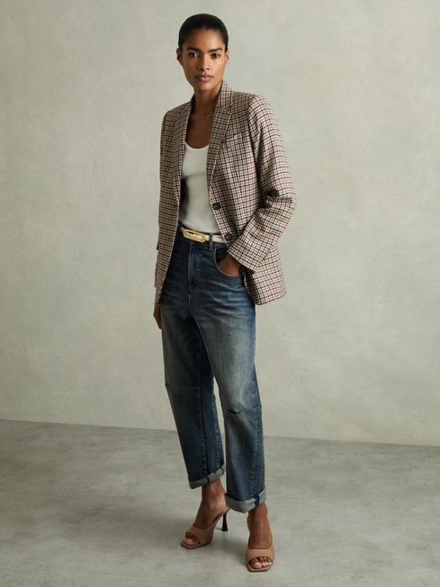 Wool Blend Checked Single Breasted Blazer in Natural Check | Reiss UK