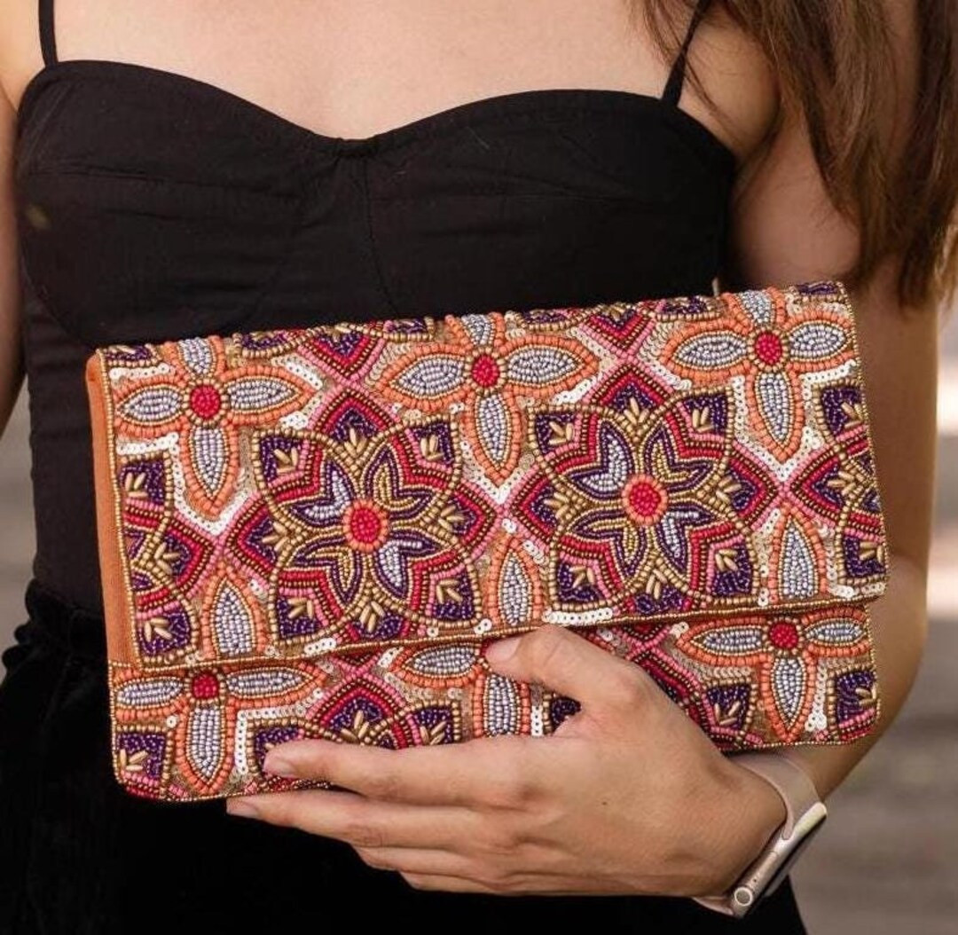 FLORAL Beaded Gold Sequin Clutch, Floral Clutch Bag, Beaded Clutch Purse, Floral Clutch Bag, Part... | Etsy (US)