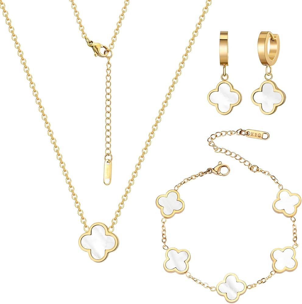 18K Gold Plated Lucky Clover Jewelry Set Black White and Red Four Leaf Clove Bracelet Necklace an... | Amazon (US)