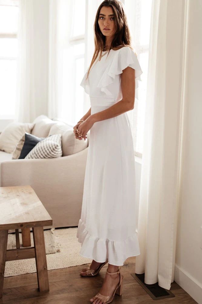 Janet Ruffle Sleeve Maxi Dress in White - böhme | Bohme