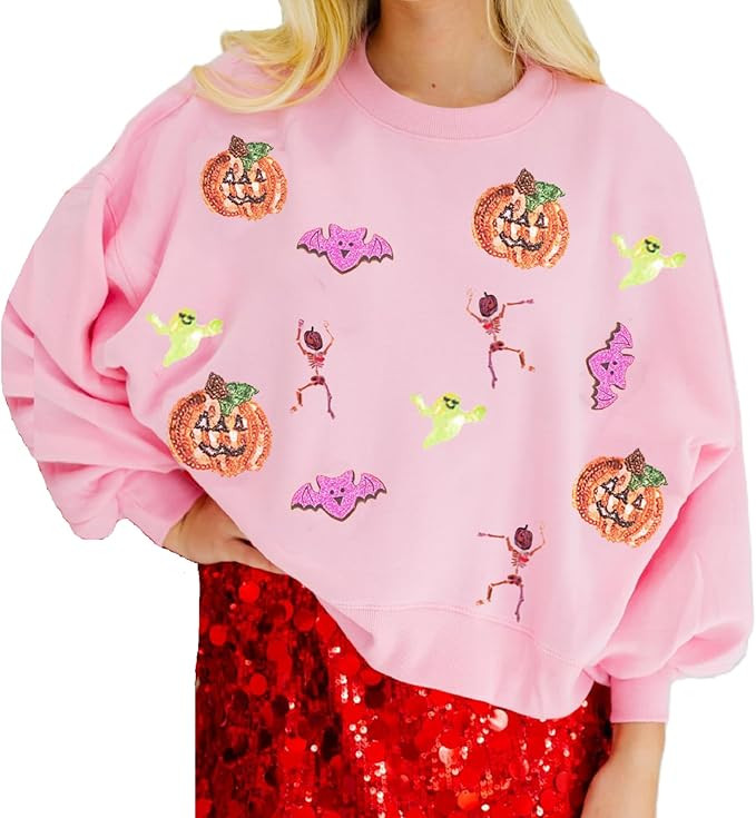 Muineobuka Women Sequin Halloween Sweatshirts Long Sleeve Sparkle Glitter Pumpkin Ghost Halloween... | Amazon (US)