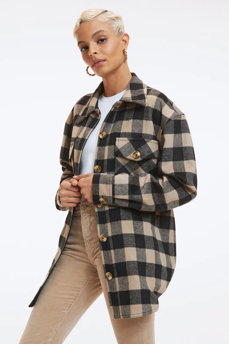 BUFFALO PLAID SHIRT SHACKET | SUMMER GREEN & BLACK PLAID | Good American