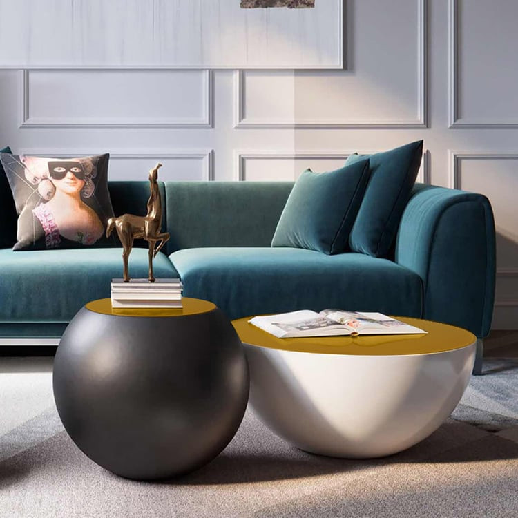 Modern Black & White Bowl-Shaped & Drum Shaped Coffee Table Set with Round Brown Top | Homary