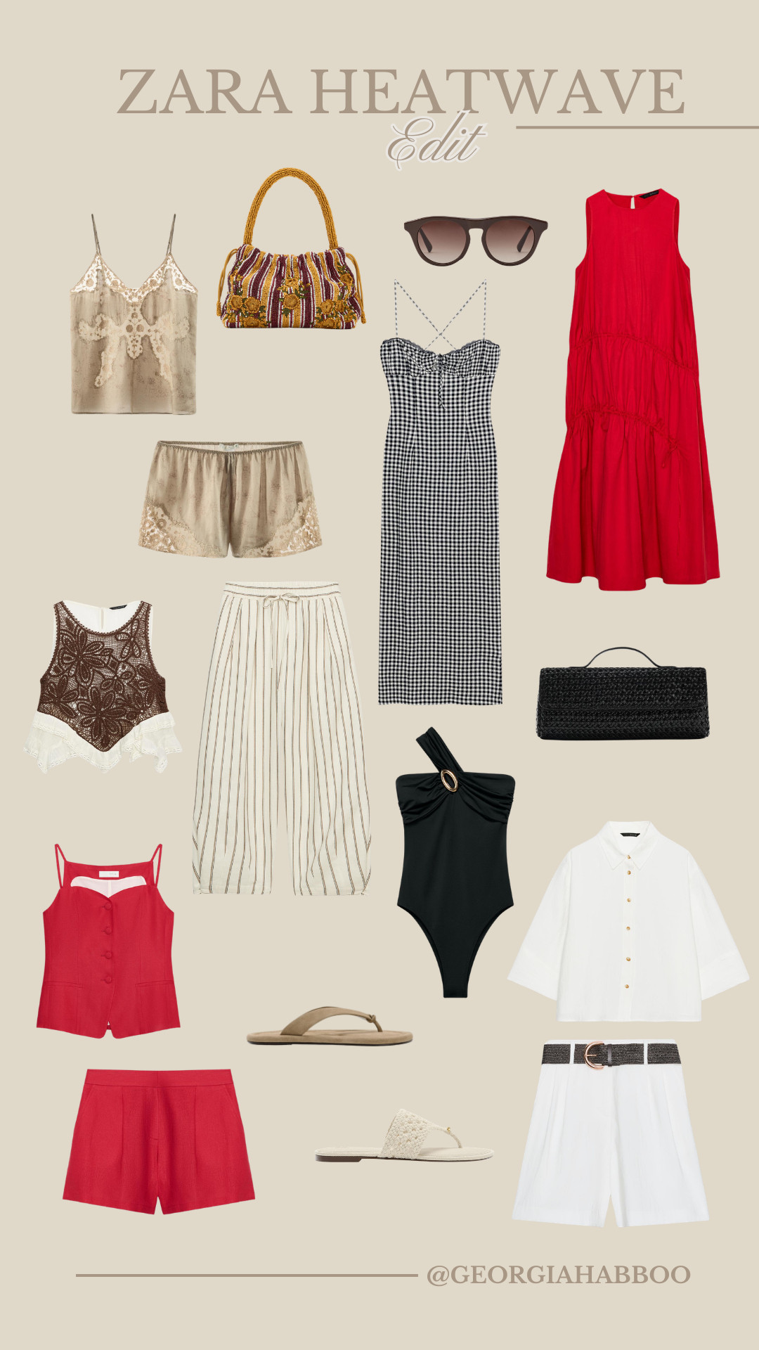 zara heatwave edit, summer fashion, heatwave style, holiday outfits, vacation outfits, resort wear, red midi dress, red co-ord set, camisole set, satin cami, lace shorts, gingham maxi dress, crochet top, striped linen trousers, black one shoulder swimsuit, oversized white shirt, white shorts, black woven clutch, beaded handbag, cat eye sunglasses, flip flops, slider sandals, neutral sandals, lightweight summer outfits, chic summer staples 

 #LTKsummer #LTKeurope #LTKdatenight