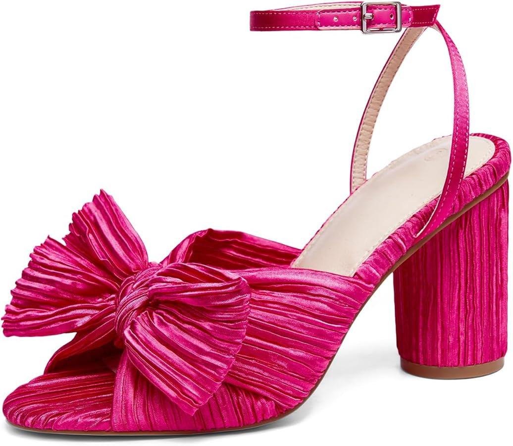 VETASTE Women's Bow Knot Heeled Sandals Bridal Wedding Open Toe Ankle Strap Chunky Heels | Amazon (US)