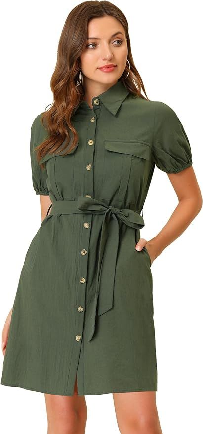 Allegra K Women's Safari Dress Summer Collared Button Down Cotton Belted Shirtdress | Amazon (US)