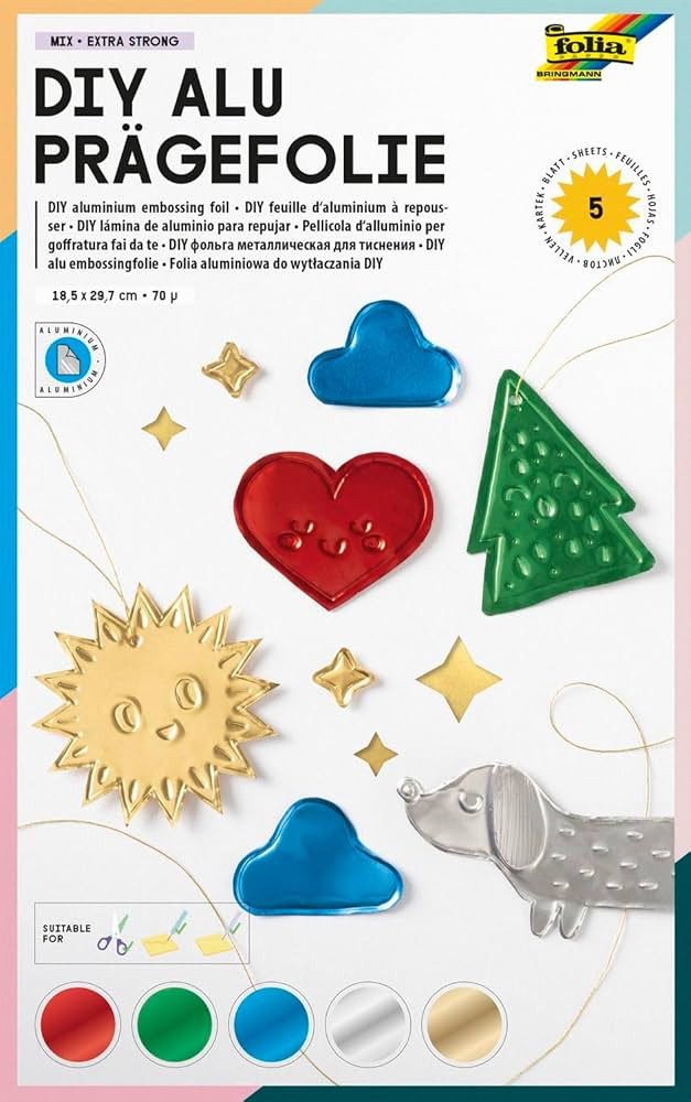 folia 505 - DIY Alu-Prägefolie MIX in 5 verschiedenen Farben, 5 Blatt, 70µ, ca. 18,5 x 29,7 cm,... | Amazon (DE)