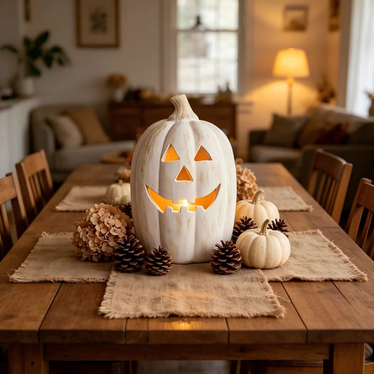 Fall Decor - Halloween Decor - 9.8" H White Handmade Resin Pumpkin Jack O' Lantern with Flameless... | Walmart (US)