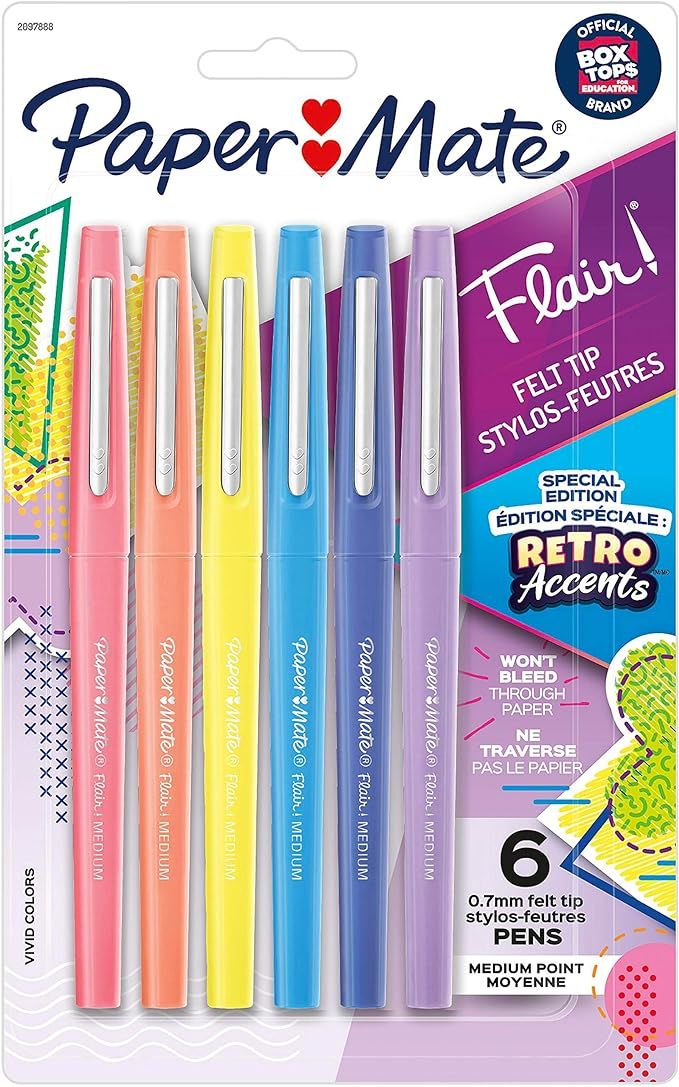 Paper Mate 2097888 FLAIR Retro Accents Felt Pens Medium Point Assorted Inks 6-Count Pack | Amazon (US)
