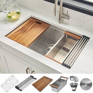 Ruvati 32 in. Single Bowl Undermount 16-Gauge Stainless Steel Ledge Kitchen Sink with Sliding Acc... | The Home Depot