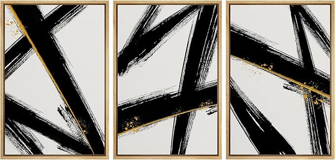IDEA4WALL Framed Canvas Print Wall Art Set Black Gold Geometric Graffiti Paint Stripes Abstract S... | Amazon (US)
