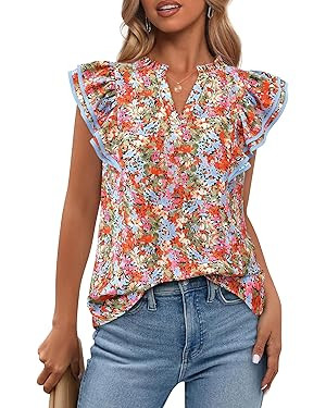 BTFBM Womens Tops Dressy Casual 2026 Spring Summer Shirts Boho Floral V Neck Ruffle Cap Sleeve Bu... | Amazon (US)