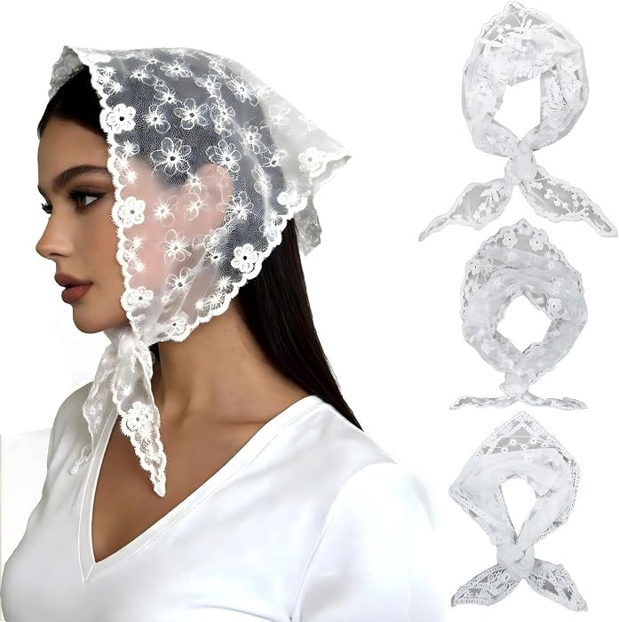 3 Pcs Bandanas for Women, Lace Head Scarf Triangle Hair Bandana Headband Cute Headscarf Boho Floral Kerchief | Amazon (US)