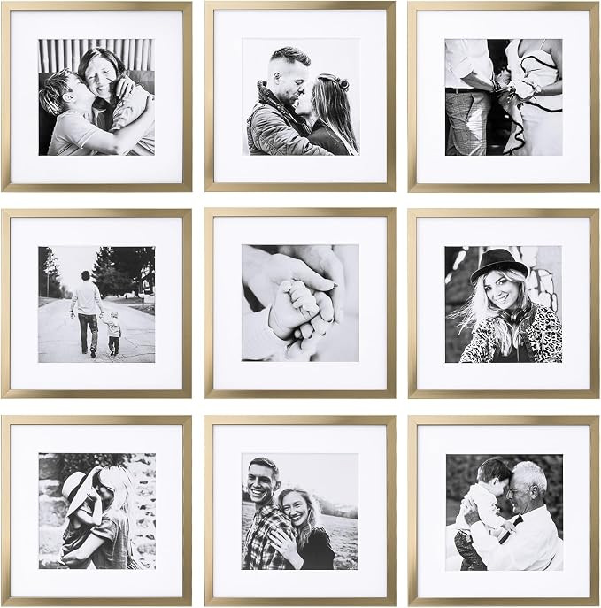 Square Gold Picture Frame, Wood Gallery Wall Frame Set Display Pictures 8x8 inch with Mat or 10x1... | Amazon (US)