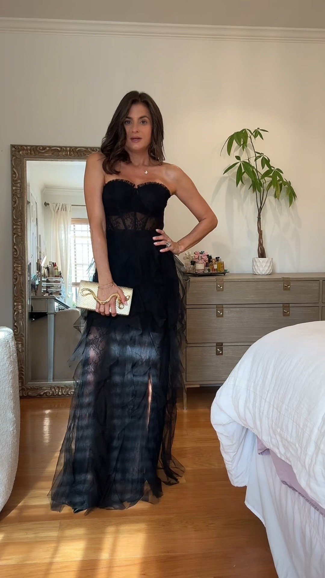 Black tie wedding dress with lace Jimmy Choo heels and Alexis bittar bag