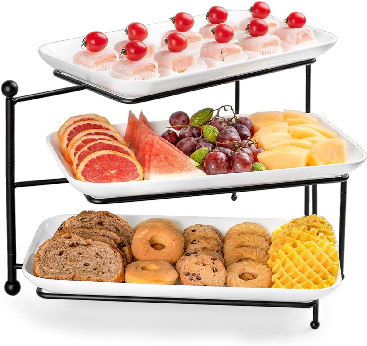 3 Tiered Tray Stand with 14"x 8" Platters,Tiered Serving Stand Food Display Stand, Tiered Serving... | Amazon (US)