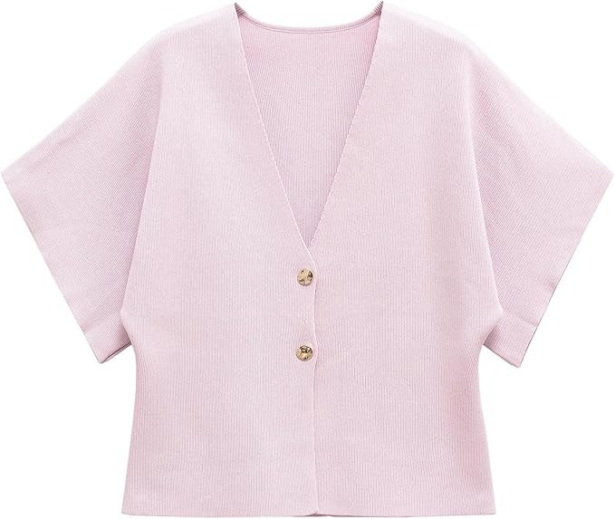 hathne Women's V Neck Short Sleeve Cardigan Sweater Button Down Ribbed Knit Tops | Amazon (US)