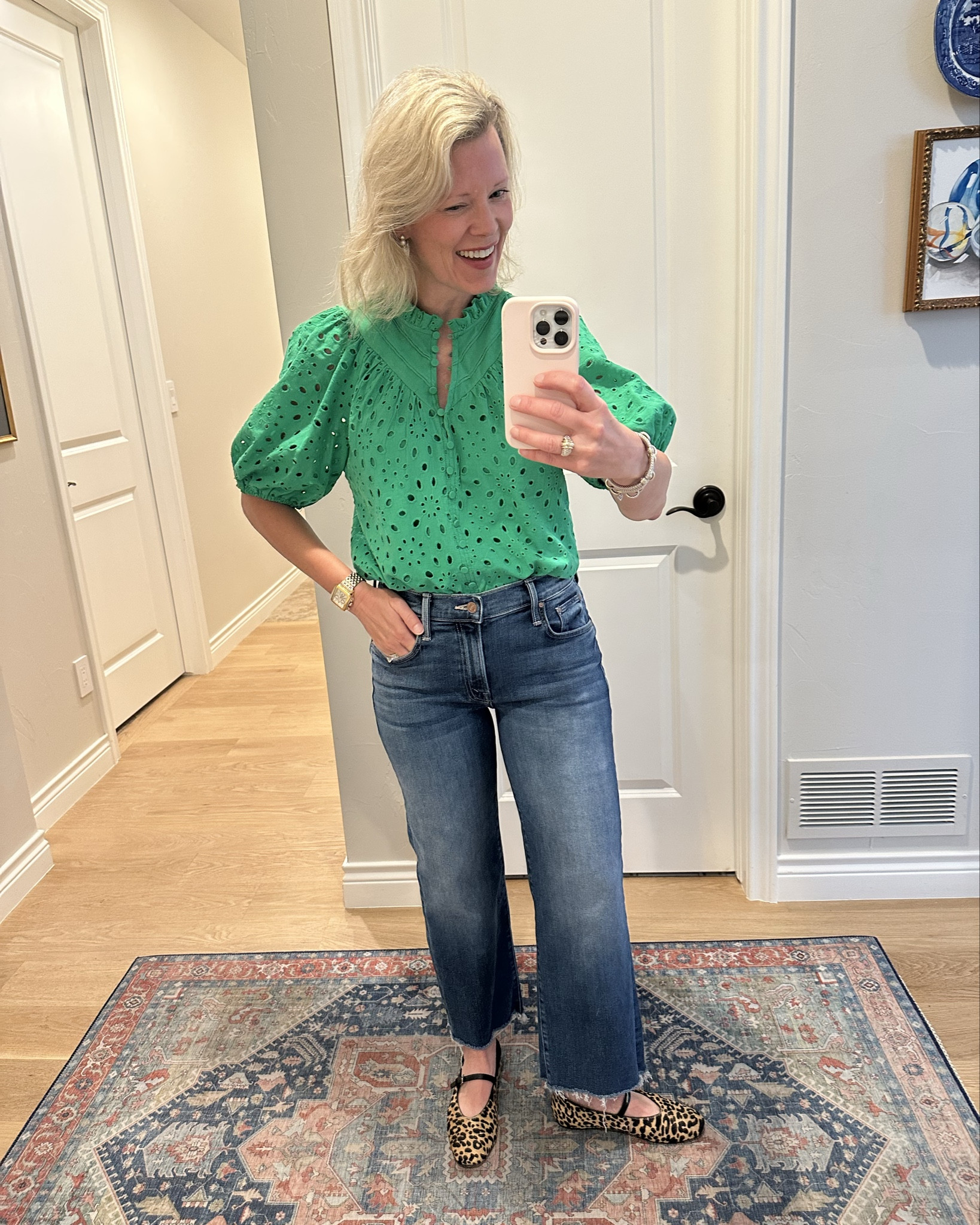 It’s all about mixing high and low finds to create cute outfits and a beautiful home! Love this top from Amazon! It has washed and worn so beautifully. It fits true to size. These mother jeans are so stretchy, comfortable and flattering! My leopard Mary Jane’s are a part of the Nordstrom anniversary sale and one of my most favorite purchases this year!  I bought my regular size in the jeans. I am in between a 7 and 7 1/2 in the shoes and went with the 7 1/2.


#LTKSaleAlert #LTKShoeCrush #LTKSeasonal