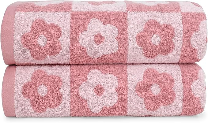 Jacquotha 2-Pieces Luxury Bath Towels Checkered Floral, Pink Towels for Women Girls Shower Body 2... | Amazon (US)