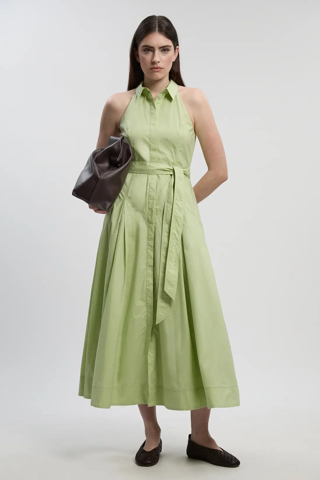 Cotton Collared Halter Neck Woven Midi Shirt Dress With Dropped Waist Detail | Karen Millen