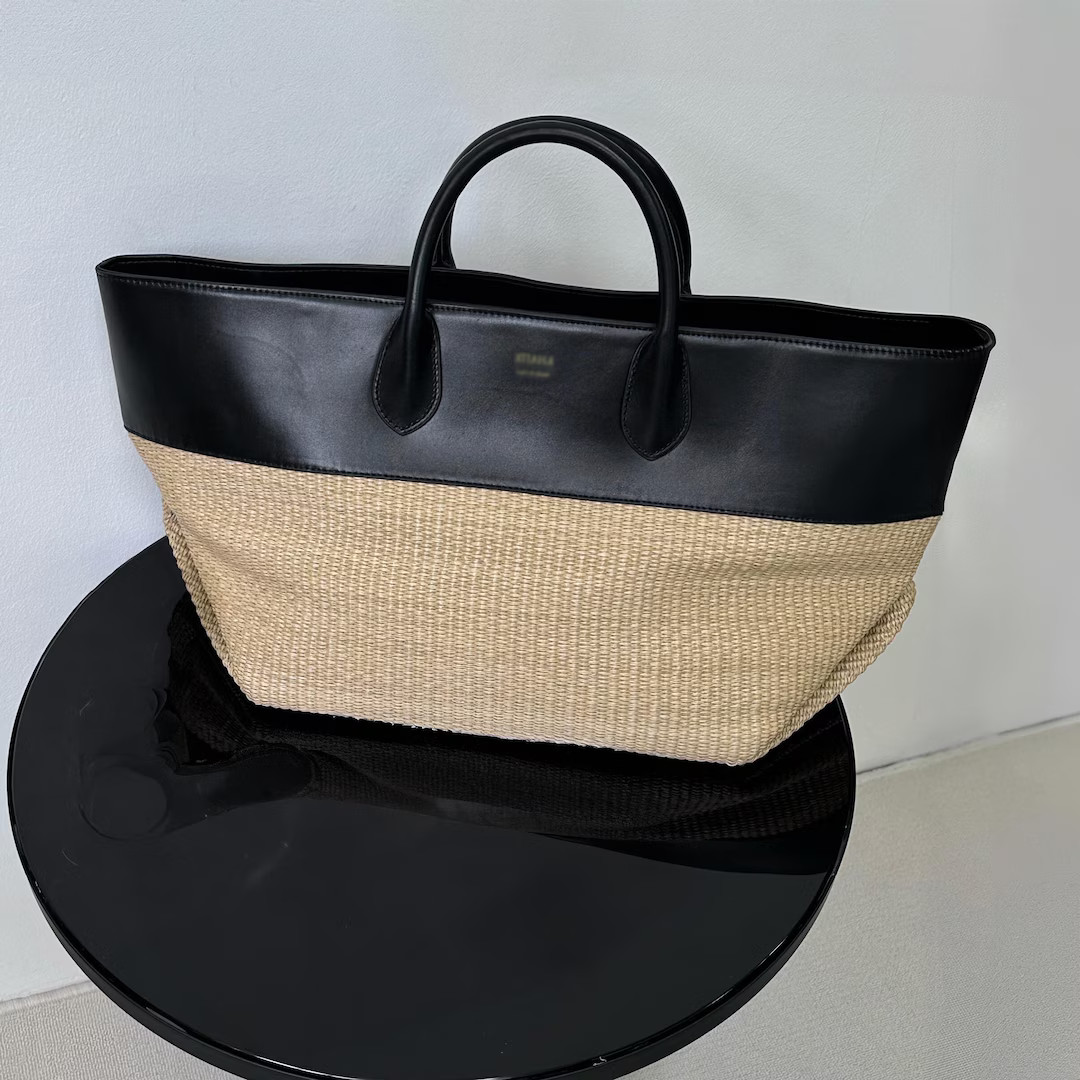 Raffia Tote Bag, Cow Leather and Raffia Top Handle Bag, Large Woven Raffia Bags - Etsy | Etsy (US)