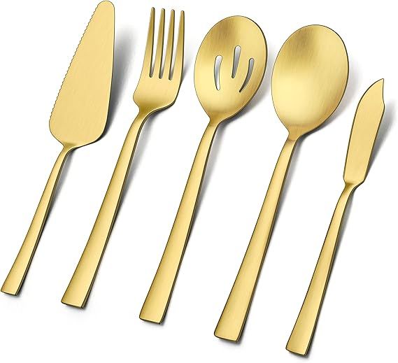Gold Serving Utensil Set of 5, E-far Metal Matte Golden Catering Serving Utensils, Stainless Stee... | Amazon (US)