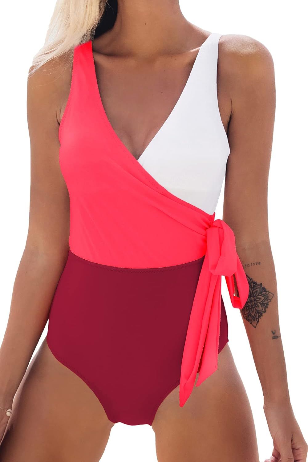 CUPSHE Women's One Piece Swimsuit Wrap Color Block Bowknot Bathing Suit | Amazon (US)