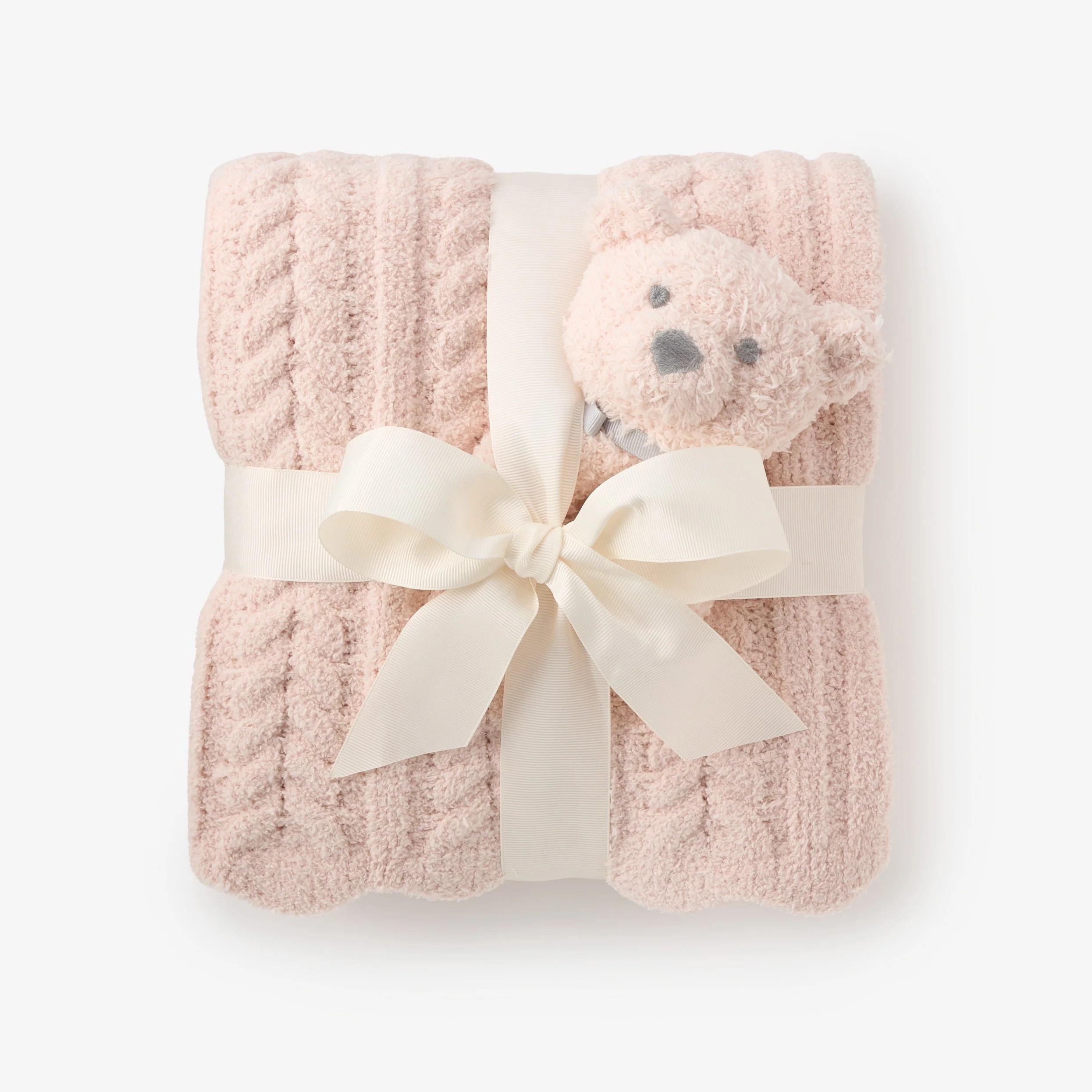 Pale Pink Cable Feather Knit Baby Blanket + Rattle Gift Set | Elegant Baby