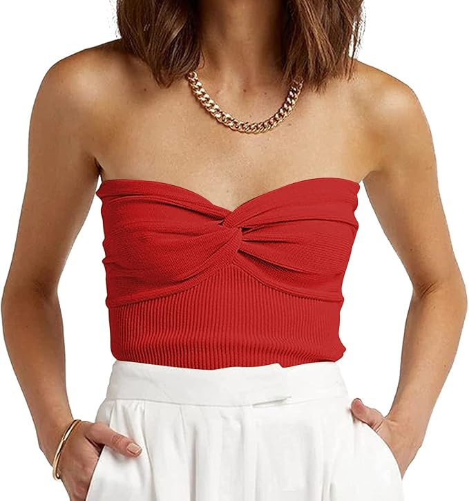 EFAN Womens Tube Tops Summer Twist Knot Front Knit Bandeau Strapless Ribbed Sleeveless Y2K Crop T... | Amazon (US)