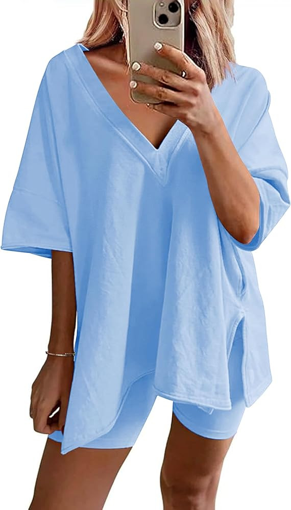 Ekouaer Womens Pajamas 2 Piece Lounge Sets Oversized V Neck T-Shirts Tops Biker Shorts Set Workou... | Amazon (US)