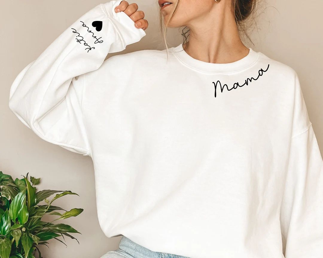 Personalized Mama Sweatshirt with Kid Name on Sleeve, Custom Mom Sweatshirt, Minimalist Momma Swe... | Etsy (US)