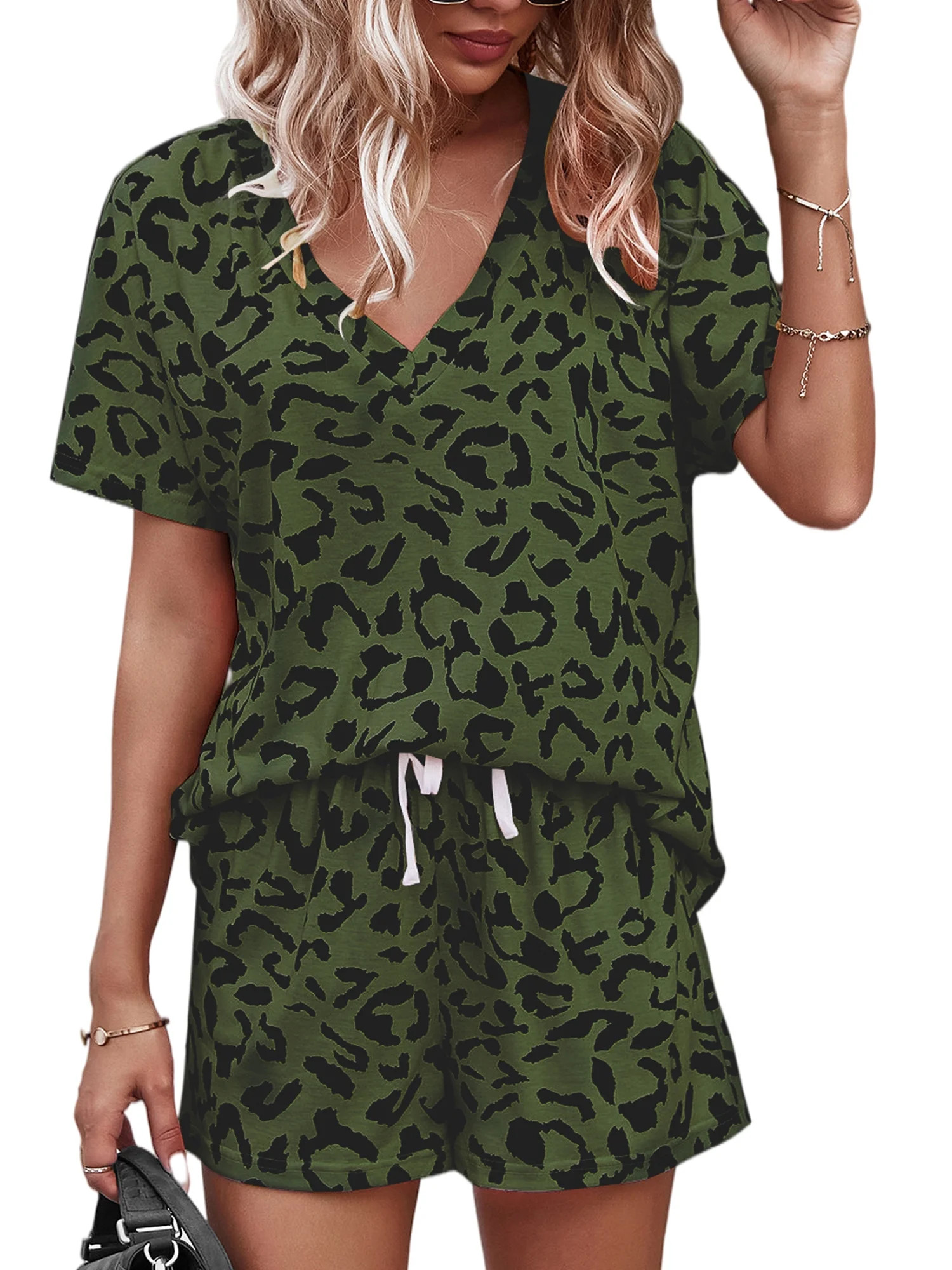 Women Short Sleeve Sweatsuit Set Tracksuit 10 Pieces Outfits Set Casual Ladies Leopard Printed Lo... | Walmart (US)