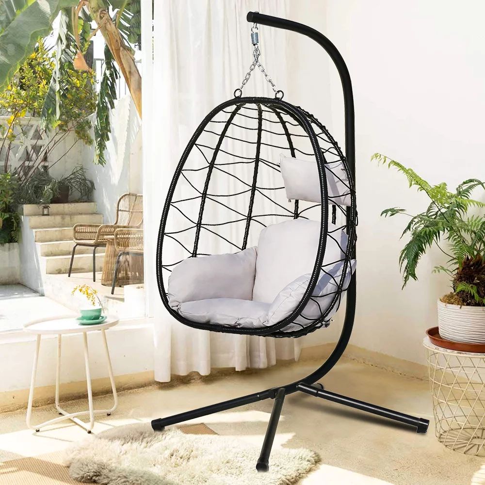Patio Outdoor Egg Chair, Black Wicker Hanging Egg Chair with Gray Cushion, Hanging Egg Chair with... | Walmart (US)