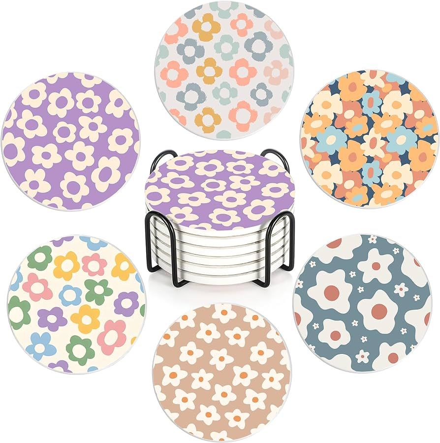 Amazon.com: Coasters for Drinks Set of 6,Vintage Groovy Flowers Absorbent Ceramic Coaster,with Co... | Amazon (US)