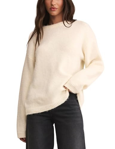 Antnation Womens Soft Fuzzy Knit Sweater Oversized Cozy Pullover Jumper Long Sleeve Casual Crewneck Sweater(White-S) | Amazon (US)
