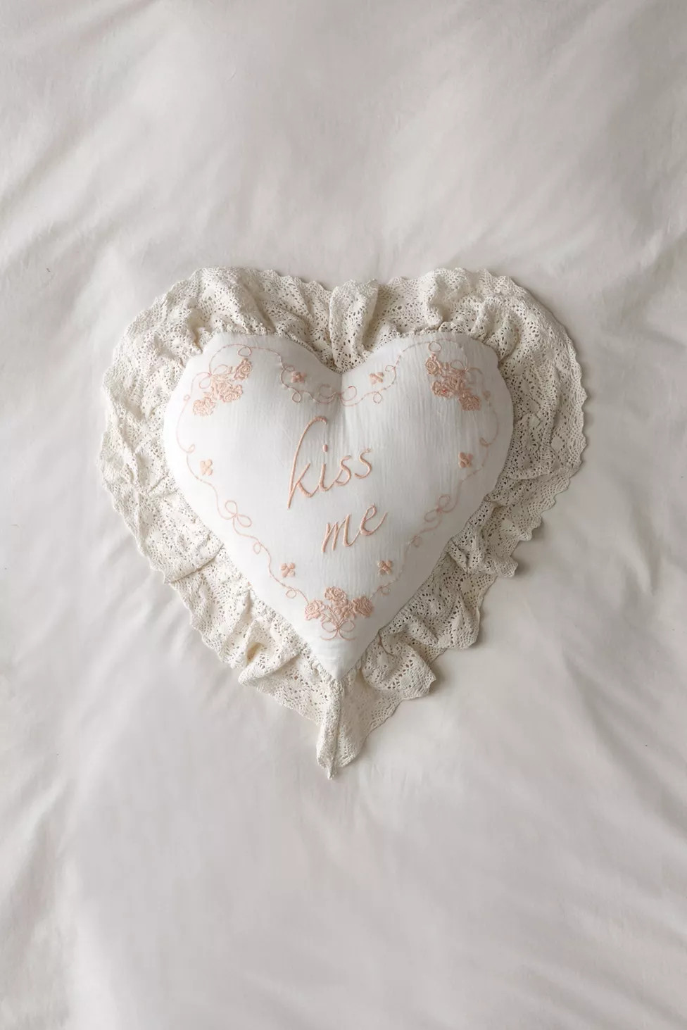 Kiss Me Embroidered Ruffle Heart Throw Pillow | Urban Outfitters (US and RoW)