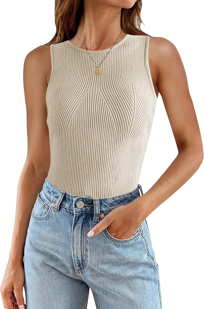 ZESICA Womens Ribbed Tank Tops 2024 Summer Sleeveless High Neck Casual Slim Fitted Basic Knit Shi... | Amazon (US)